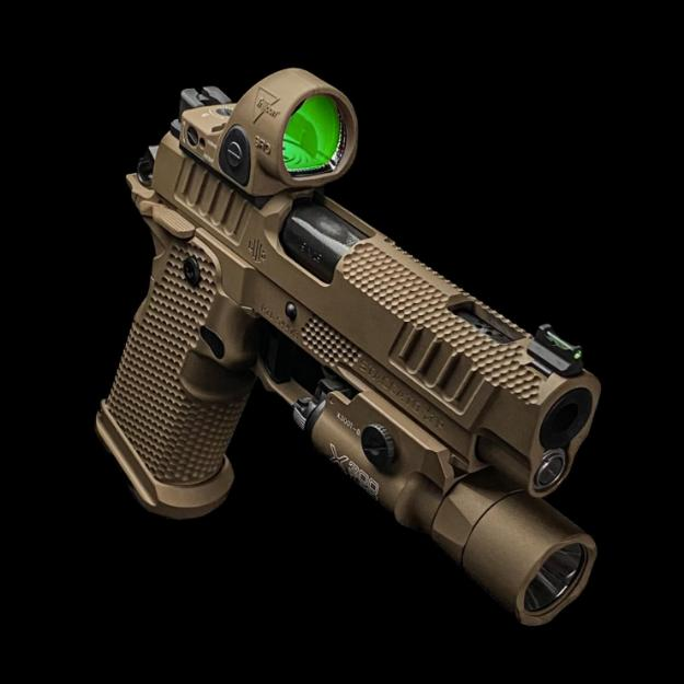 FDE 2011 pistol with Trijicon RMR and weapon light